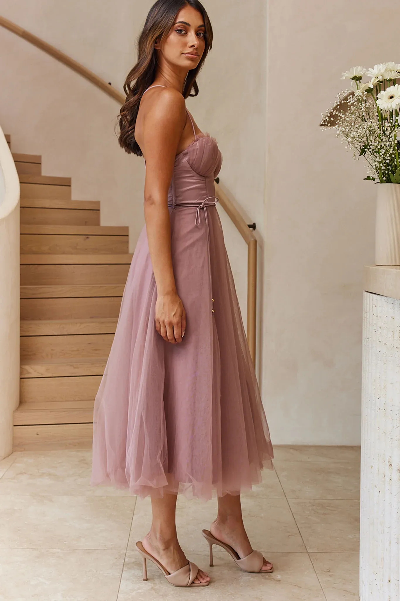 Smitten Sweetheart Neckline Chiffon Midi Dress Rose