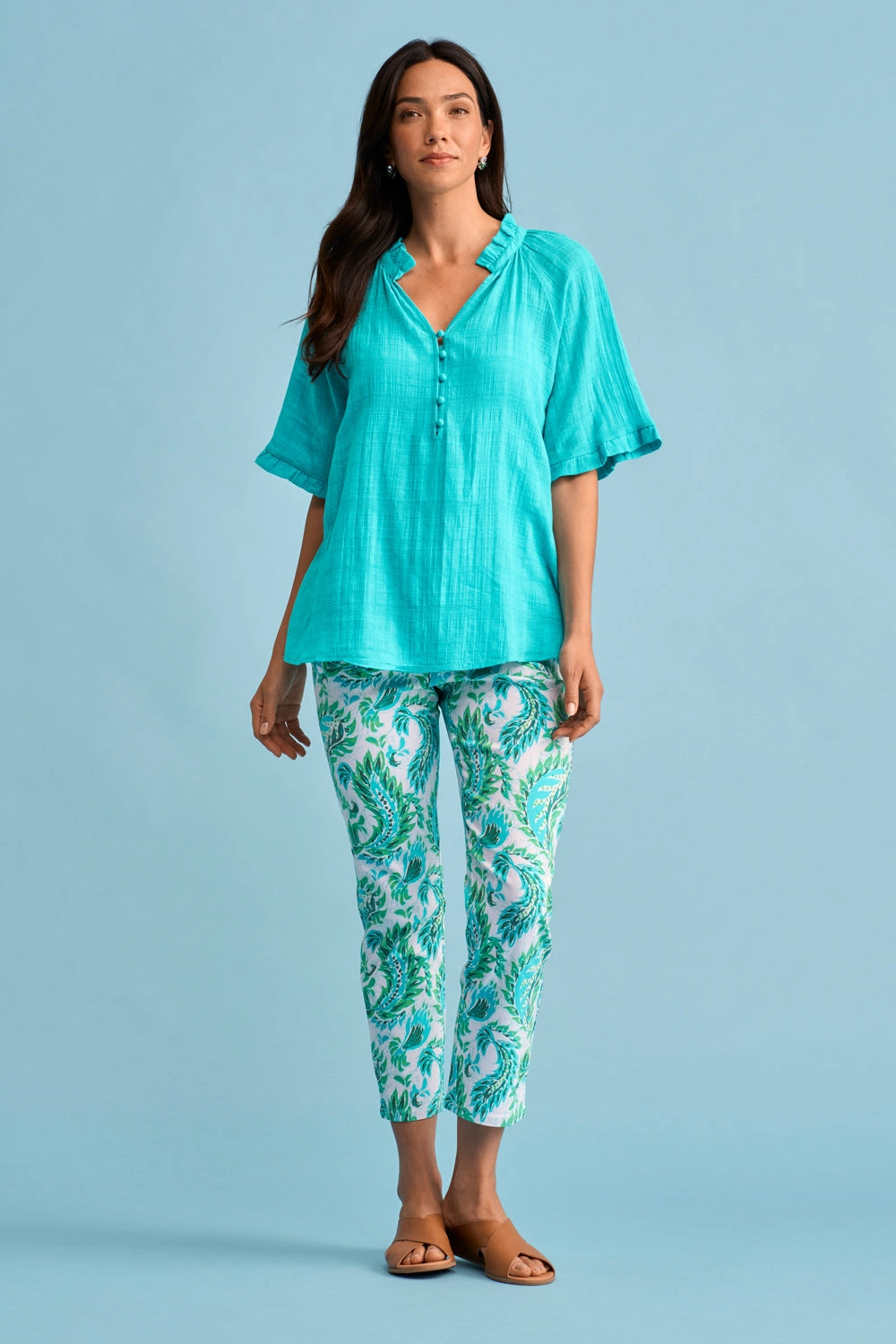 Textured Cotton Blouse - Turquoise