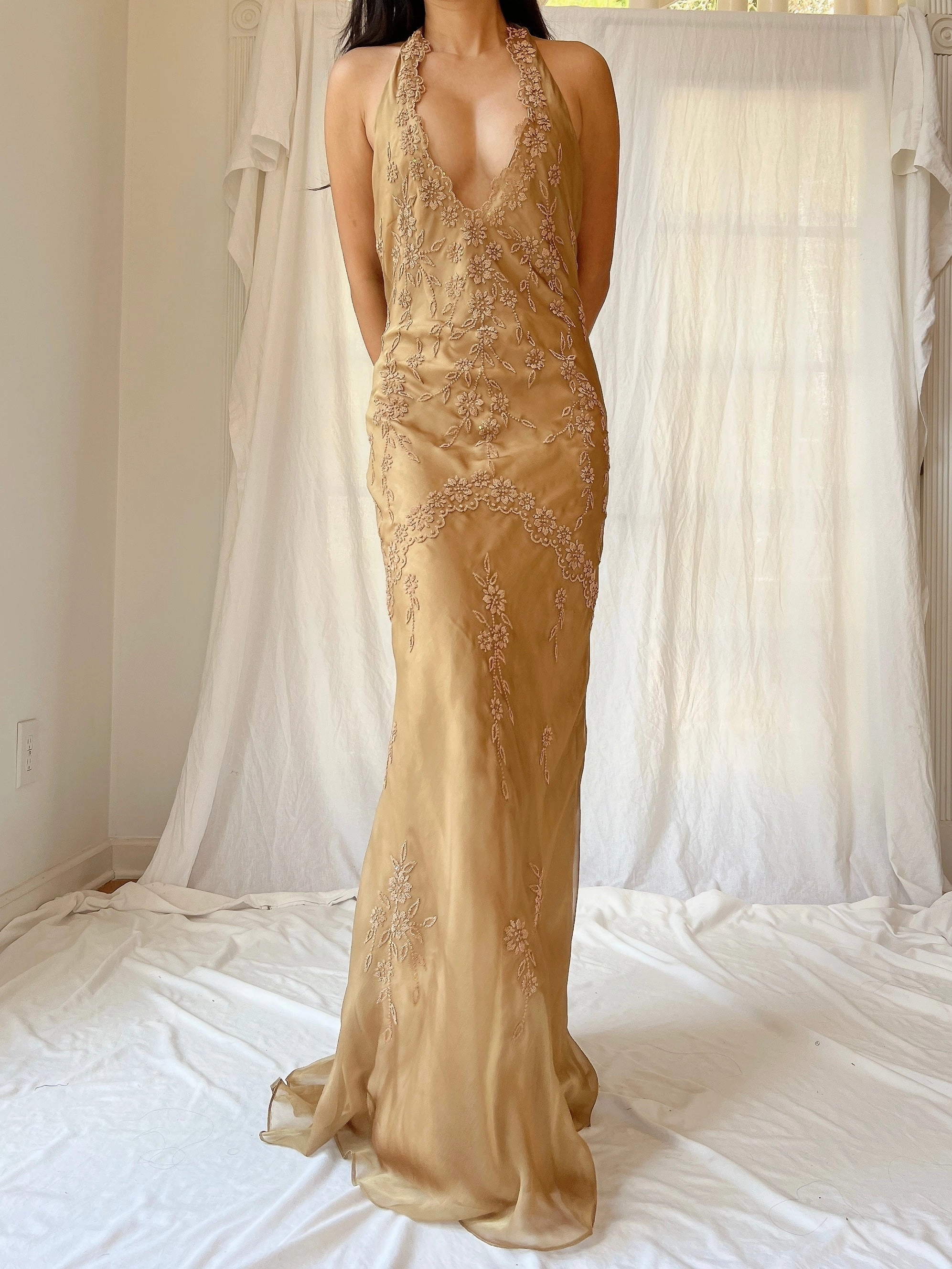 Vintage Gold Chiffon Dress - SM