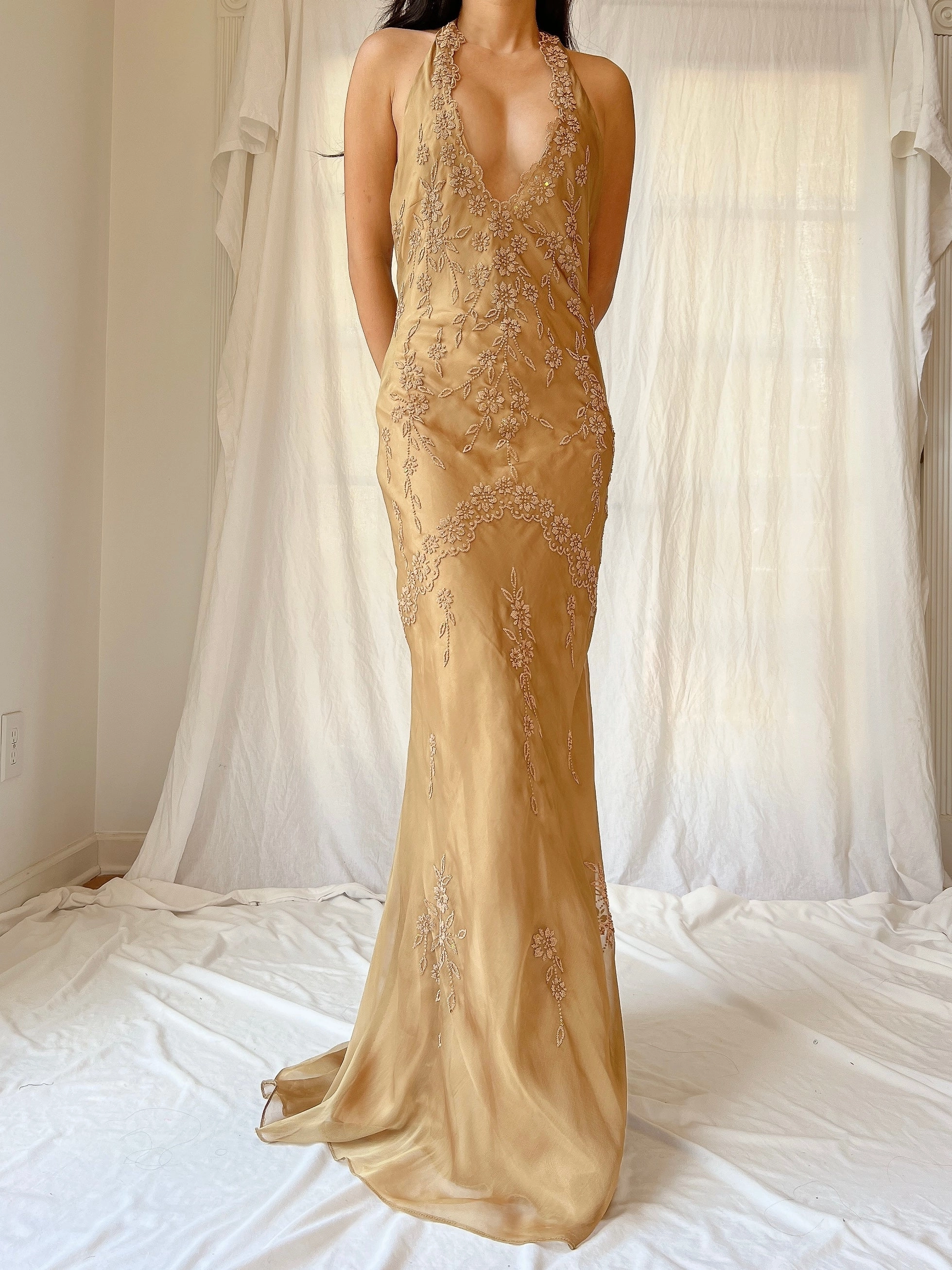 Vintage Gold Chiffon Dress - SM