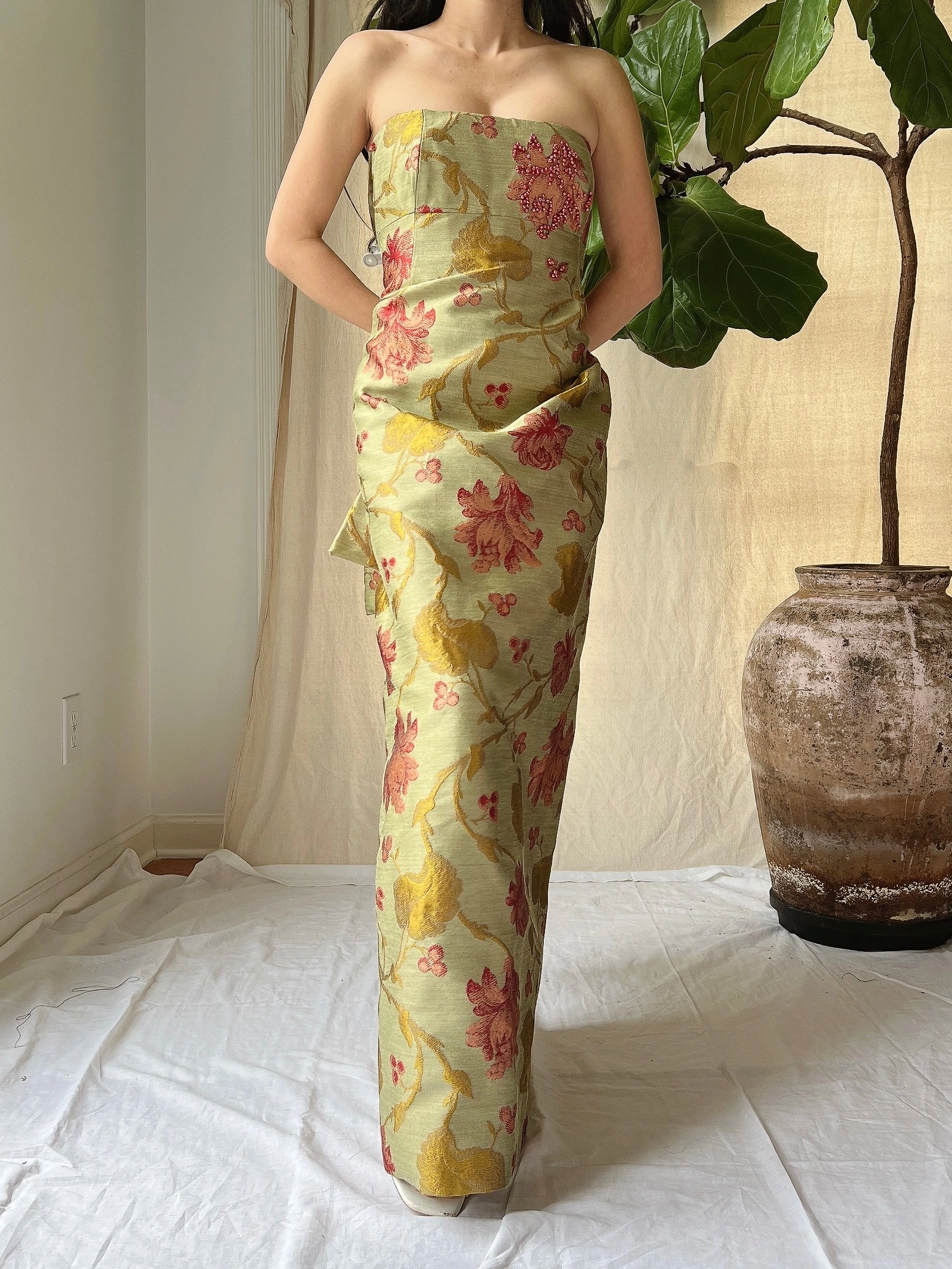 Vintage Olive Silk Brocade Tapestry Gown - M