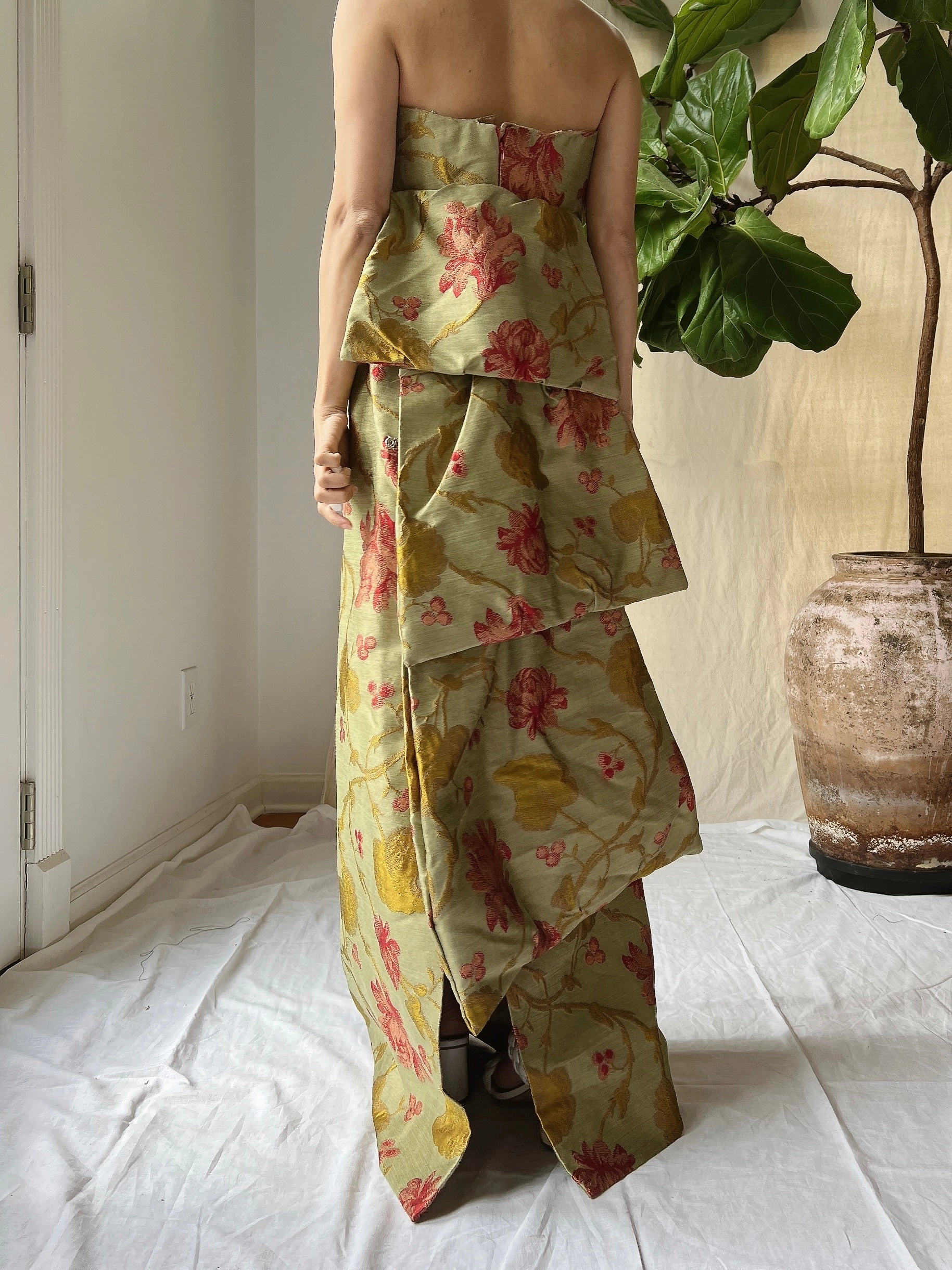 Vintage Olive Silk Brocade Tapestry Gown - M