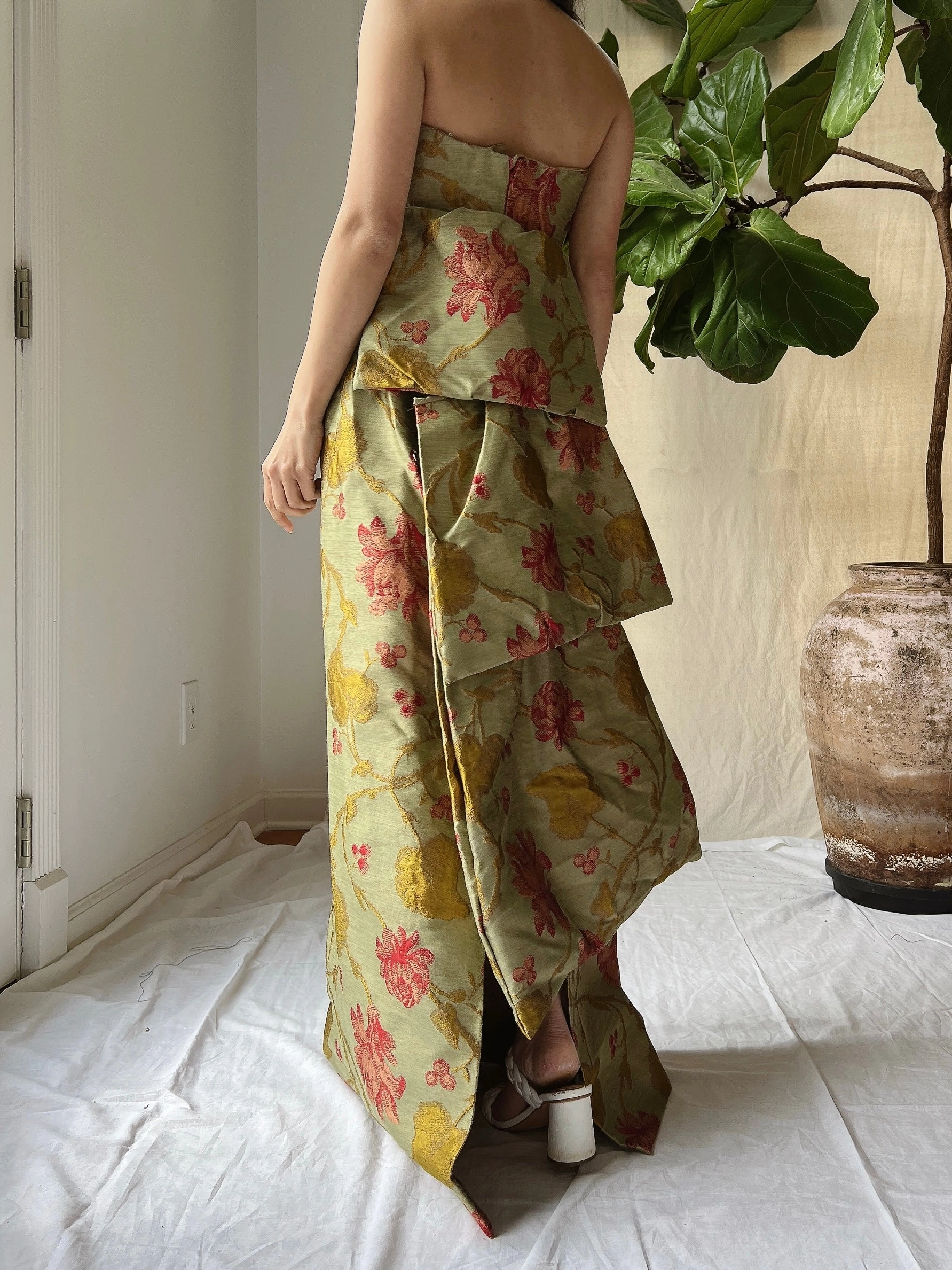 Vintage Olive Silk Brocade Tapestry Gown - M