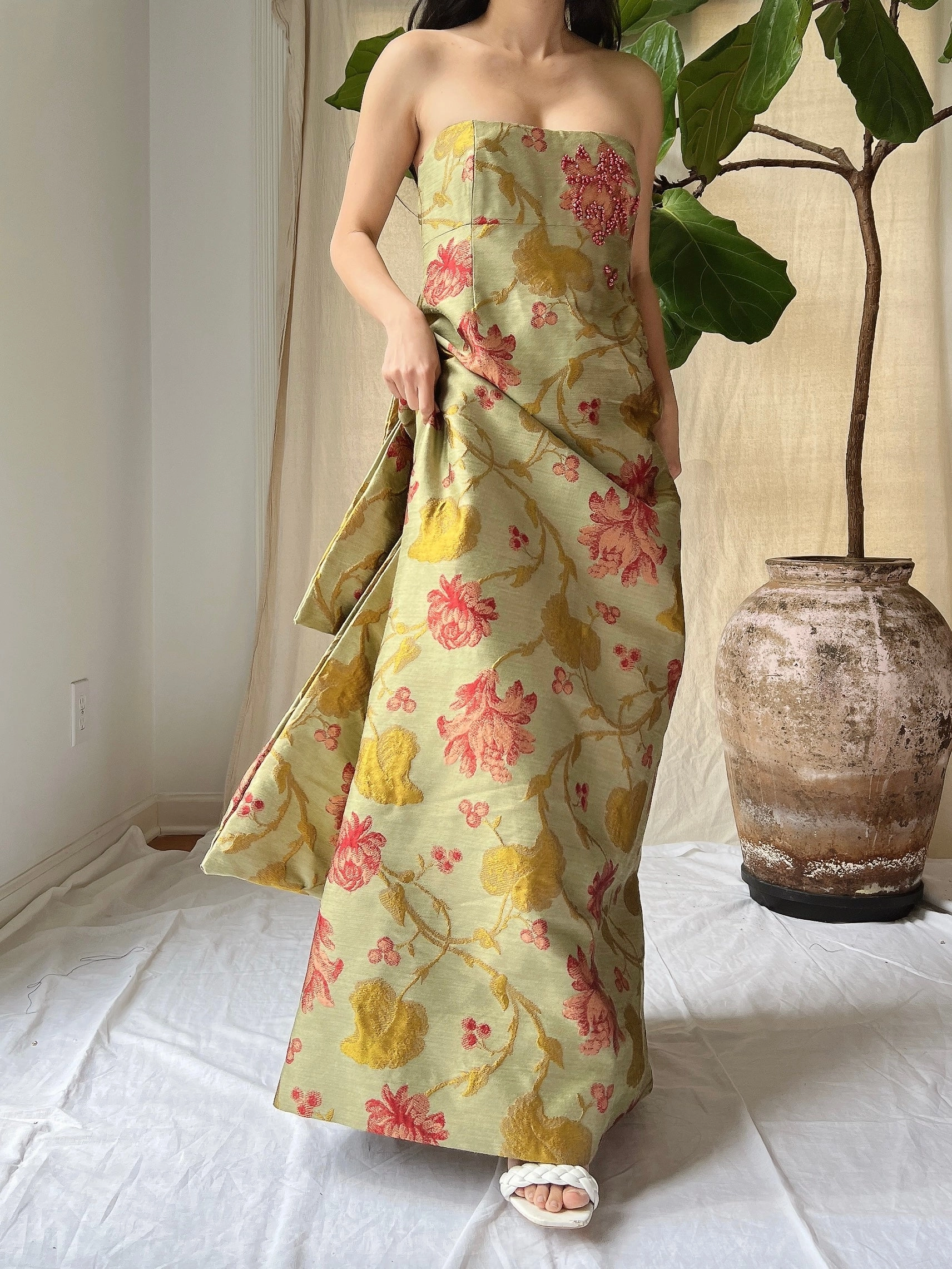 Vintage Olive Silk Brocade Tapestry Gown - M