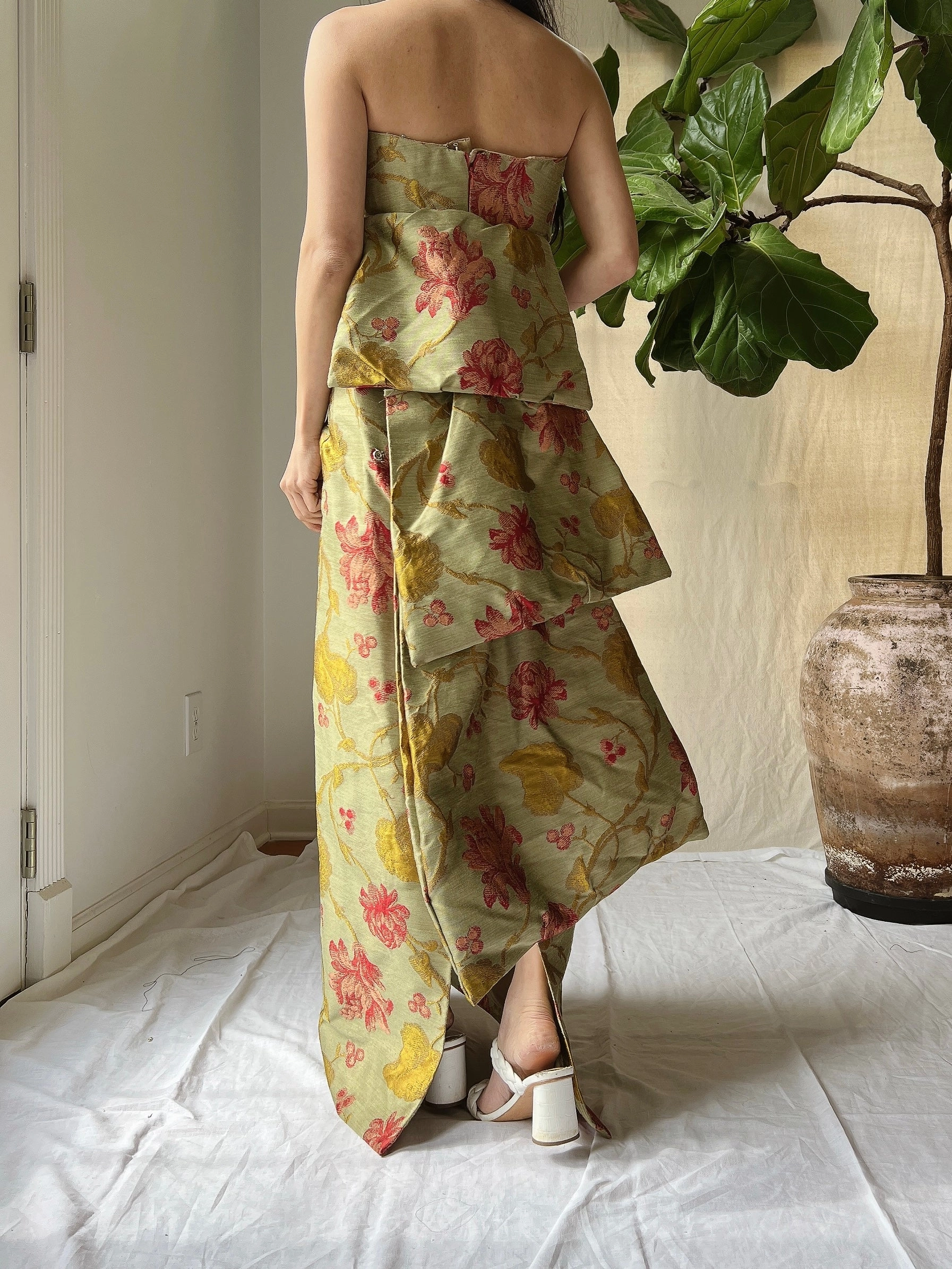 Vintage Olive Silk Brocade Tapestry Gown - M