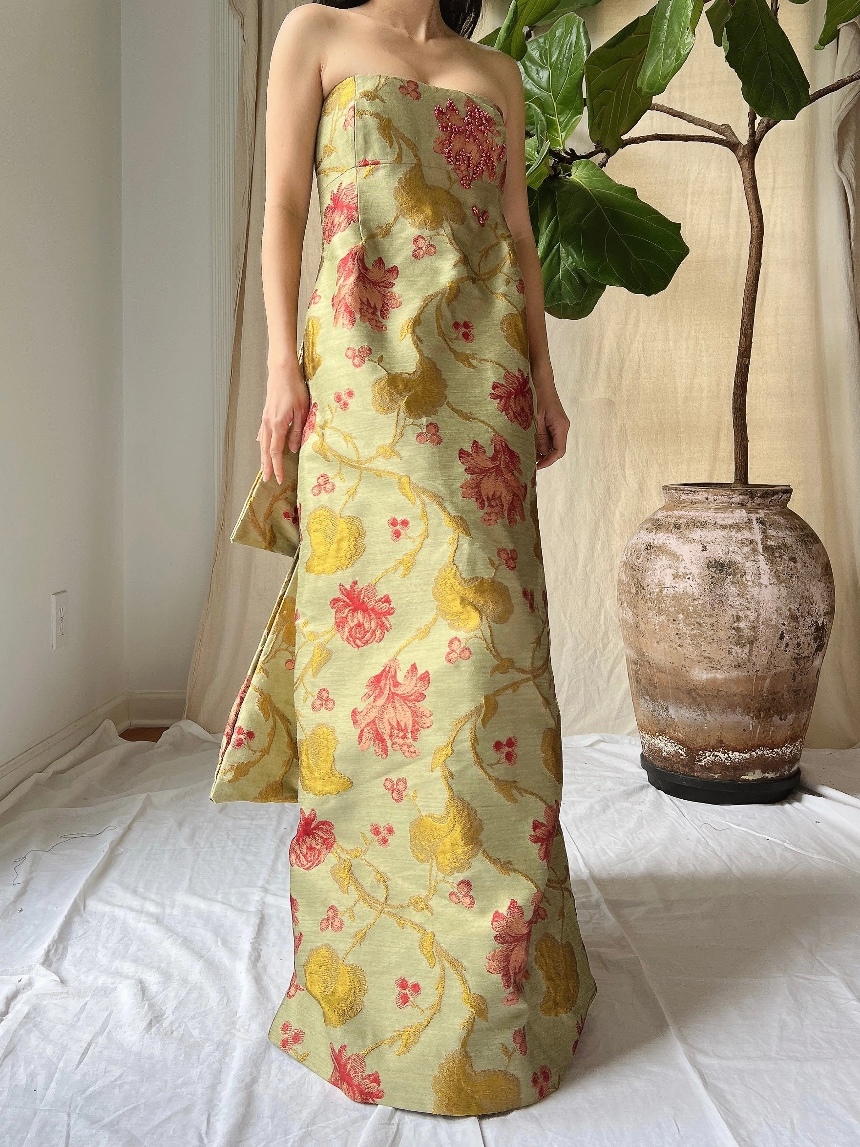 Vintage Olive Silk Brocade Tapestry Gown - M