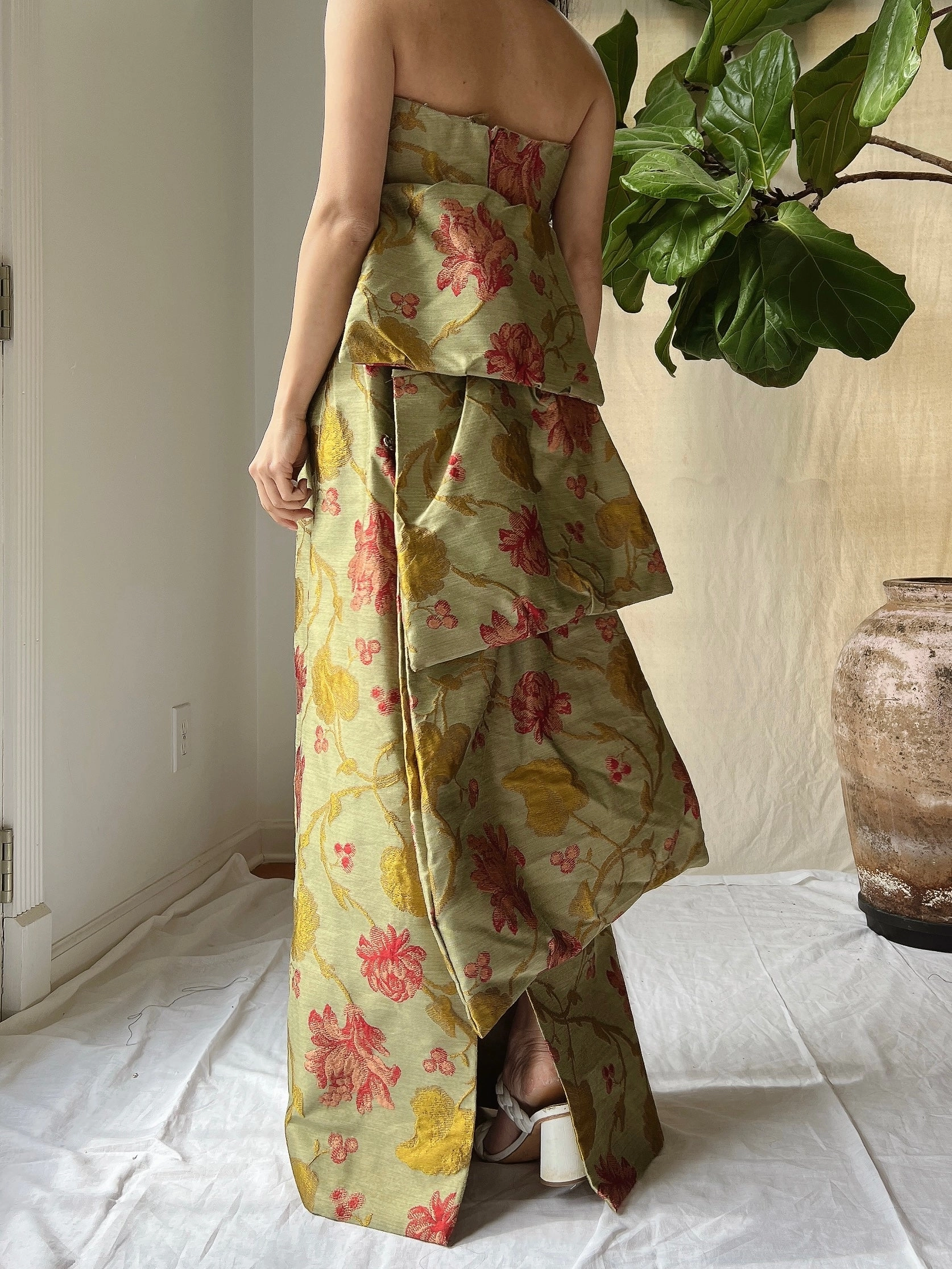 Vintage Olive Silk Brocade Tapestry Gown - M