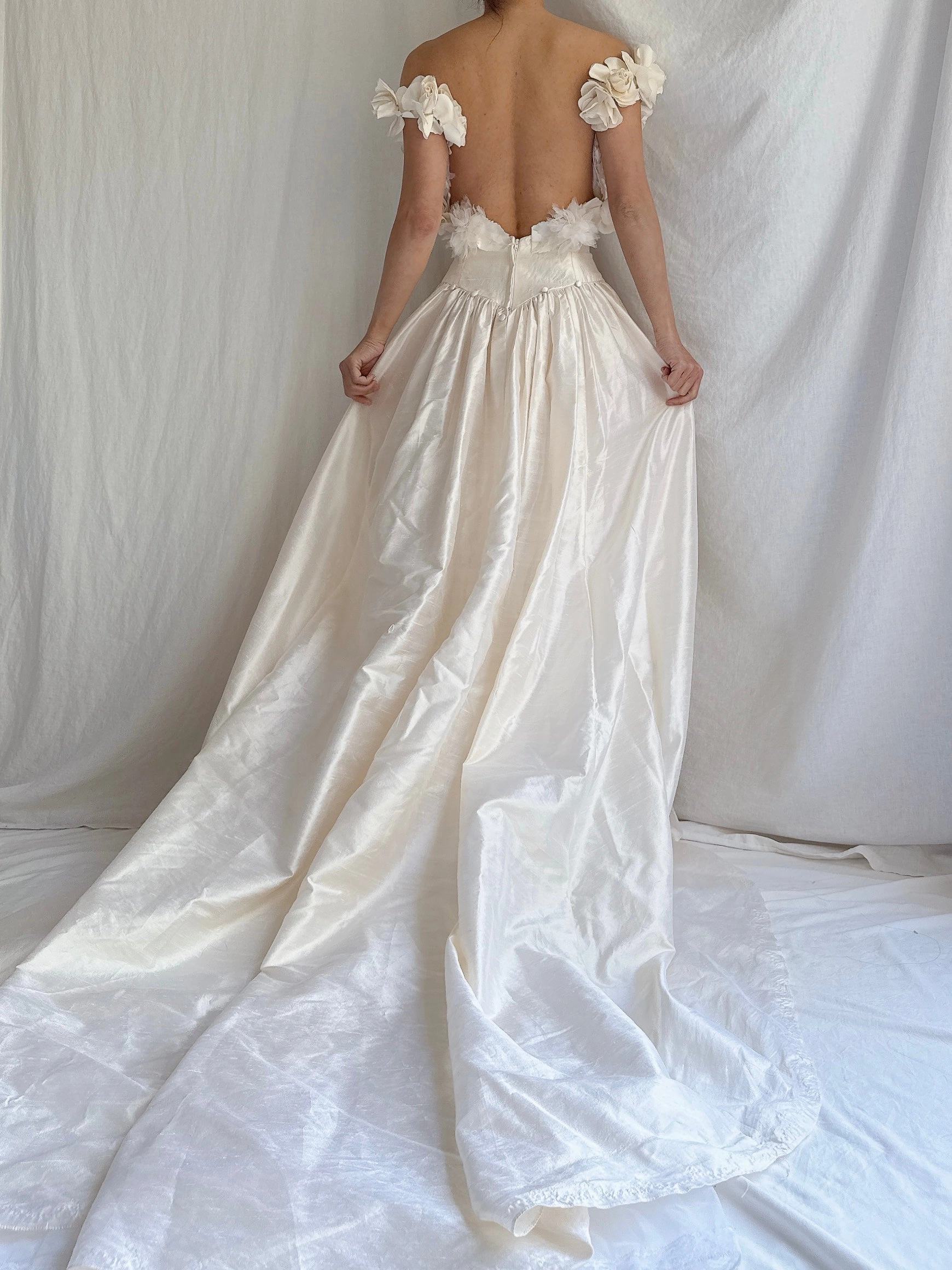 Vintage Silk Low Back Rosette Gown - M