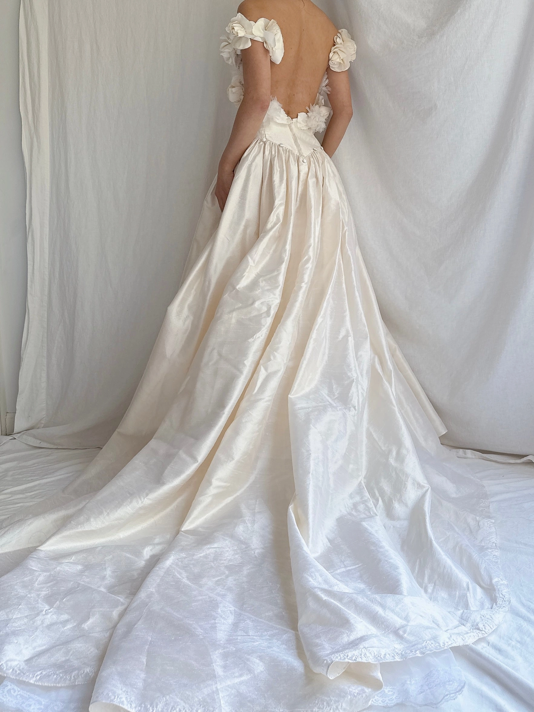 Vintage Silk Low Back Rosette Gown - M