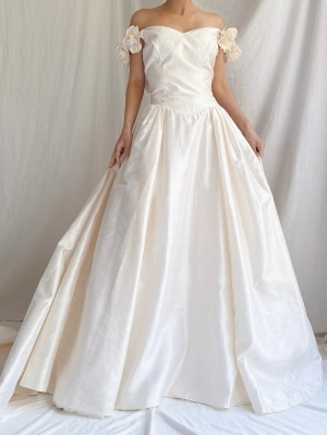 Vintage Silk Low Back Rosette Gown - M