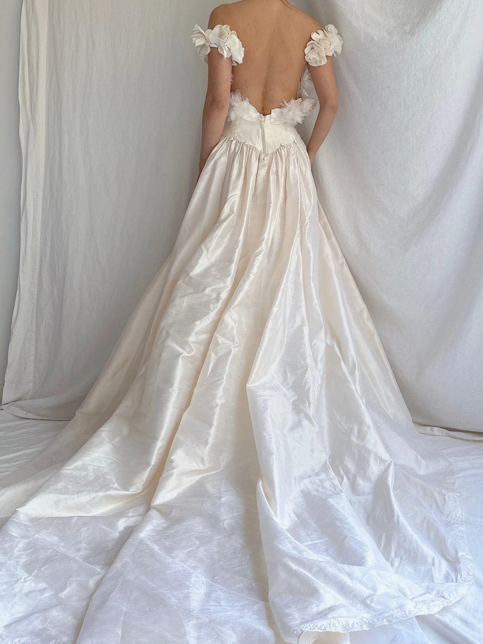 Vintage Silk Low Back Rosette Gown - M