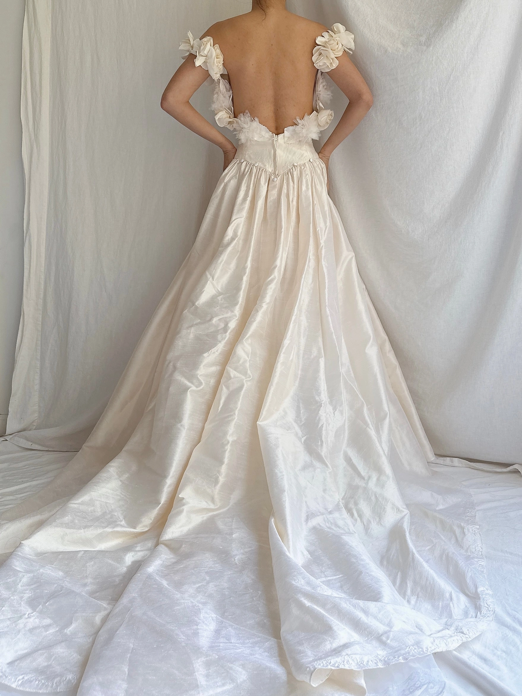Vintage Silk Low Back Rosette Gown - M