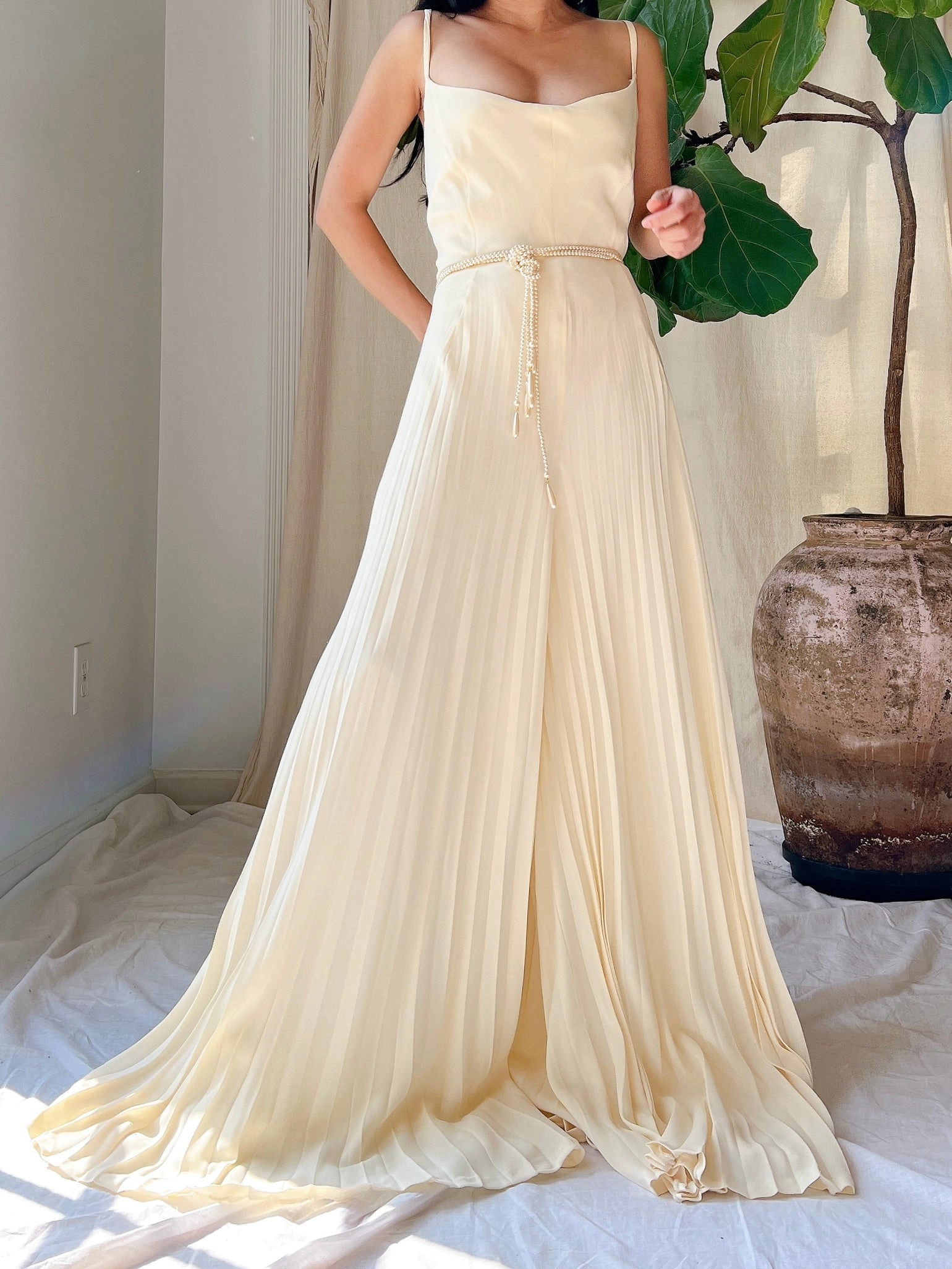 Vintage Silk Pleated Palazzo Romper - L