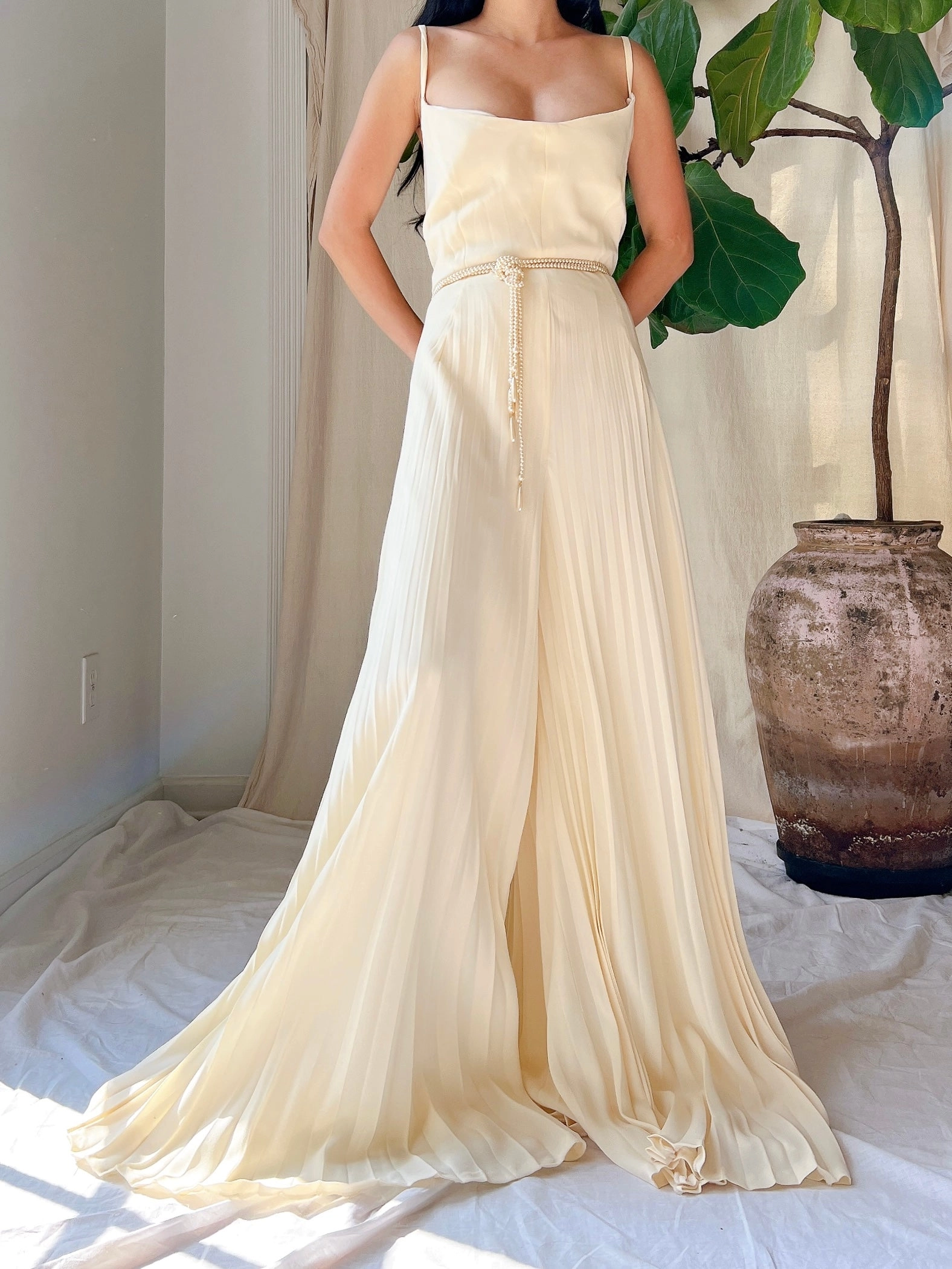 Vintage Silk Pleated Palazzo Romper - L