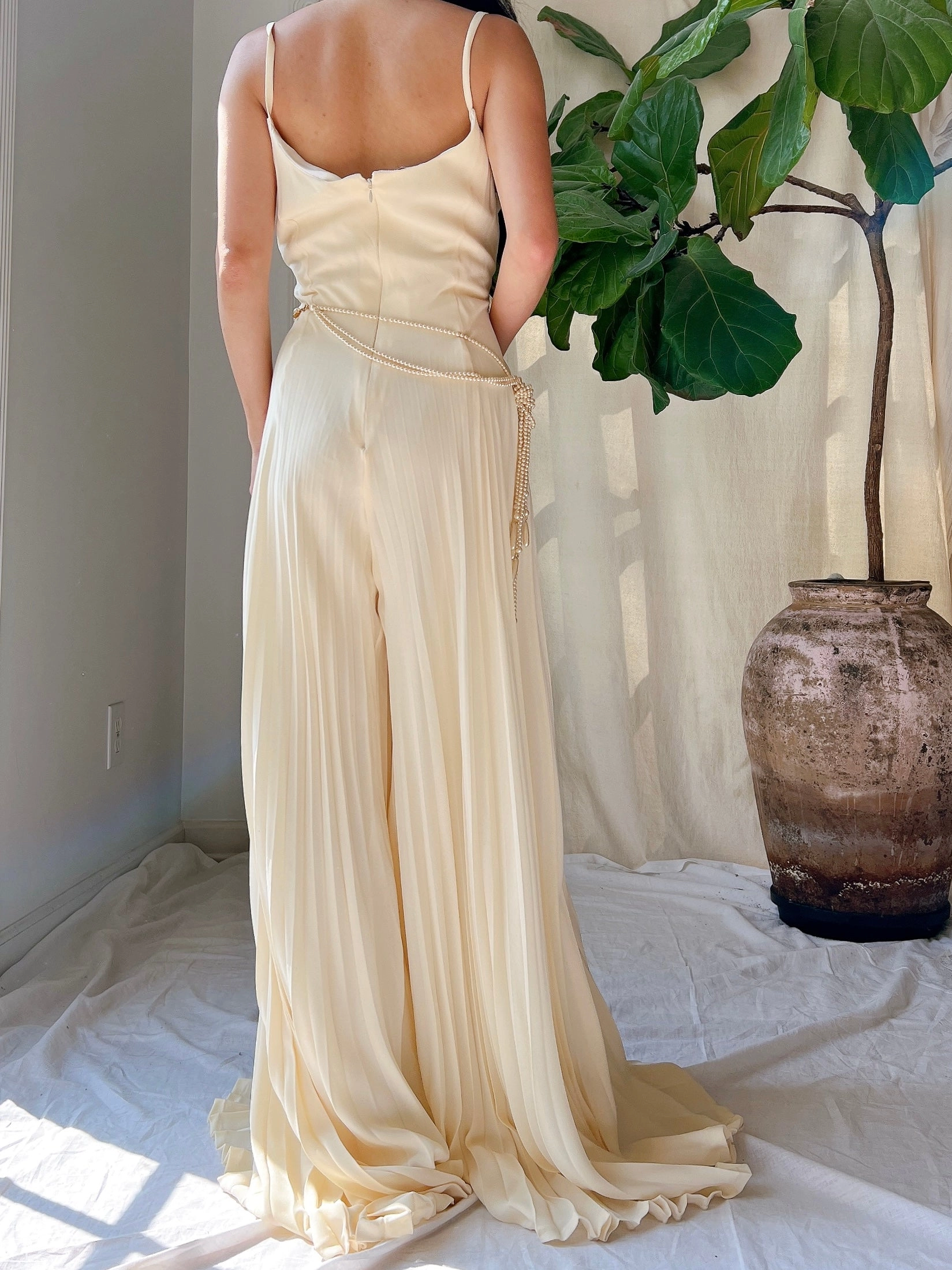 Vintage Silk Pleated Palazzo Romper - L