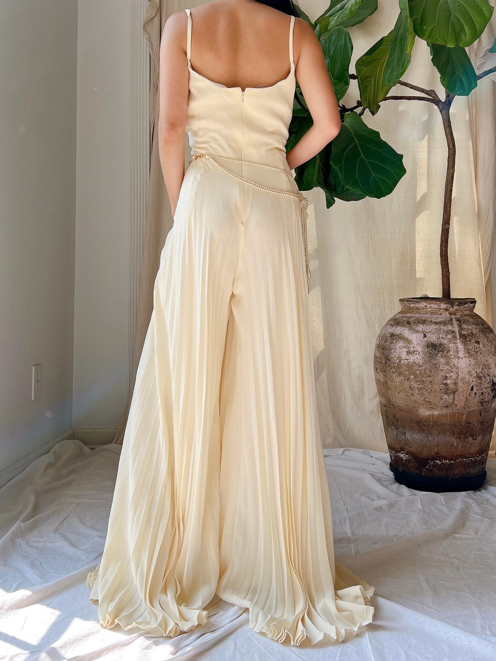 Vintage Silk Pleated Palazzo Romper - L