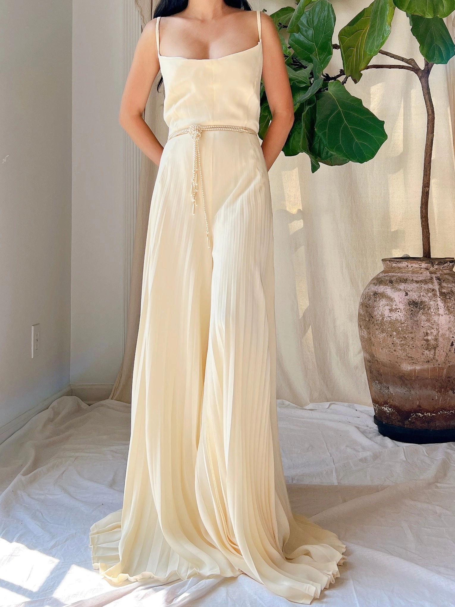 Vintage Silk Pleated Palazzo Romper - L