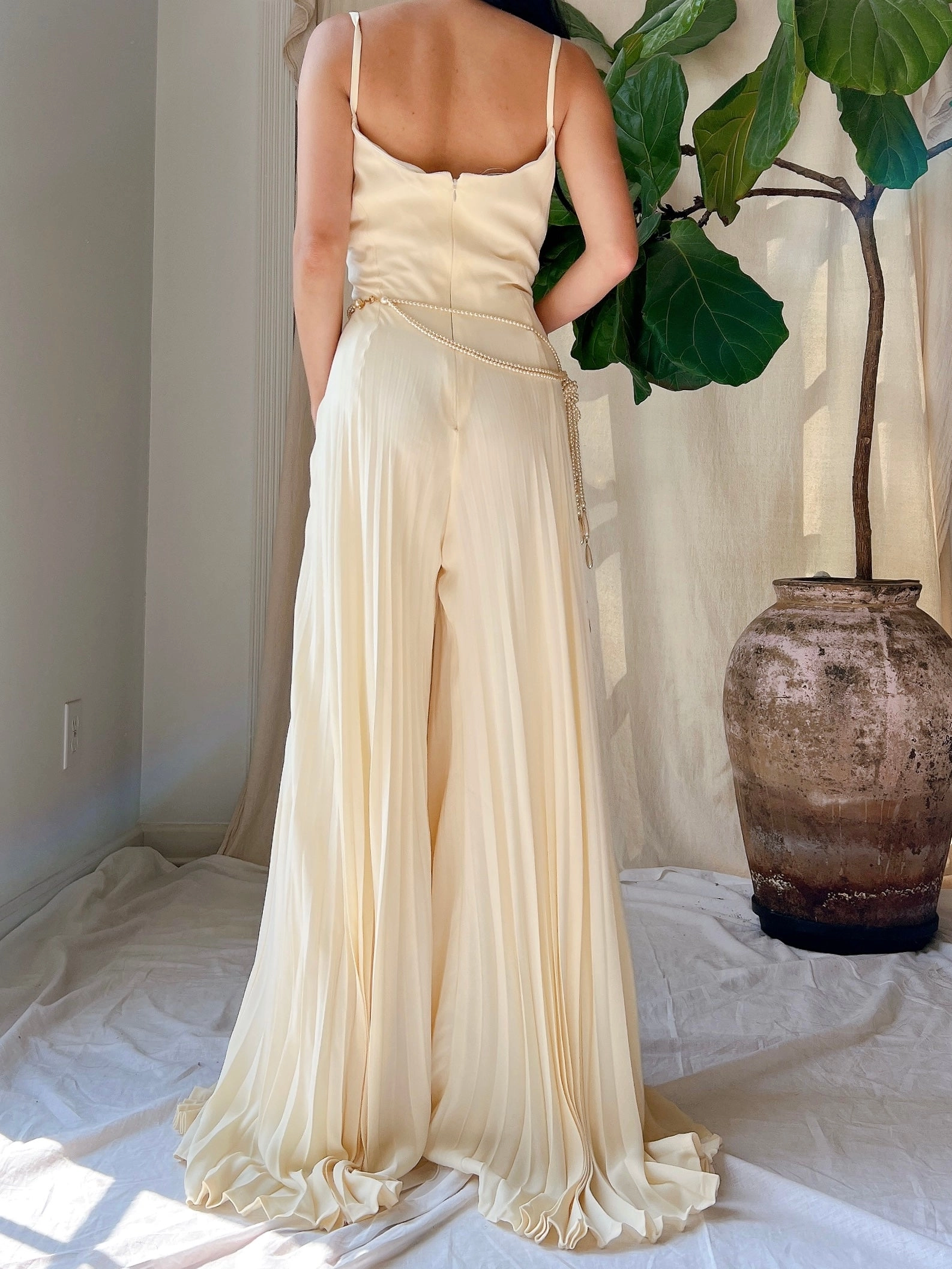 Vintage Silk Pleated Palazzo Romper - L