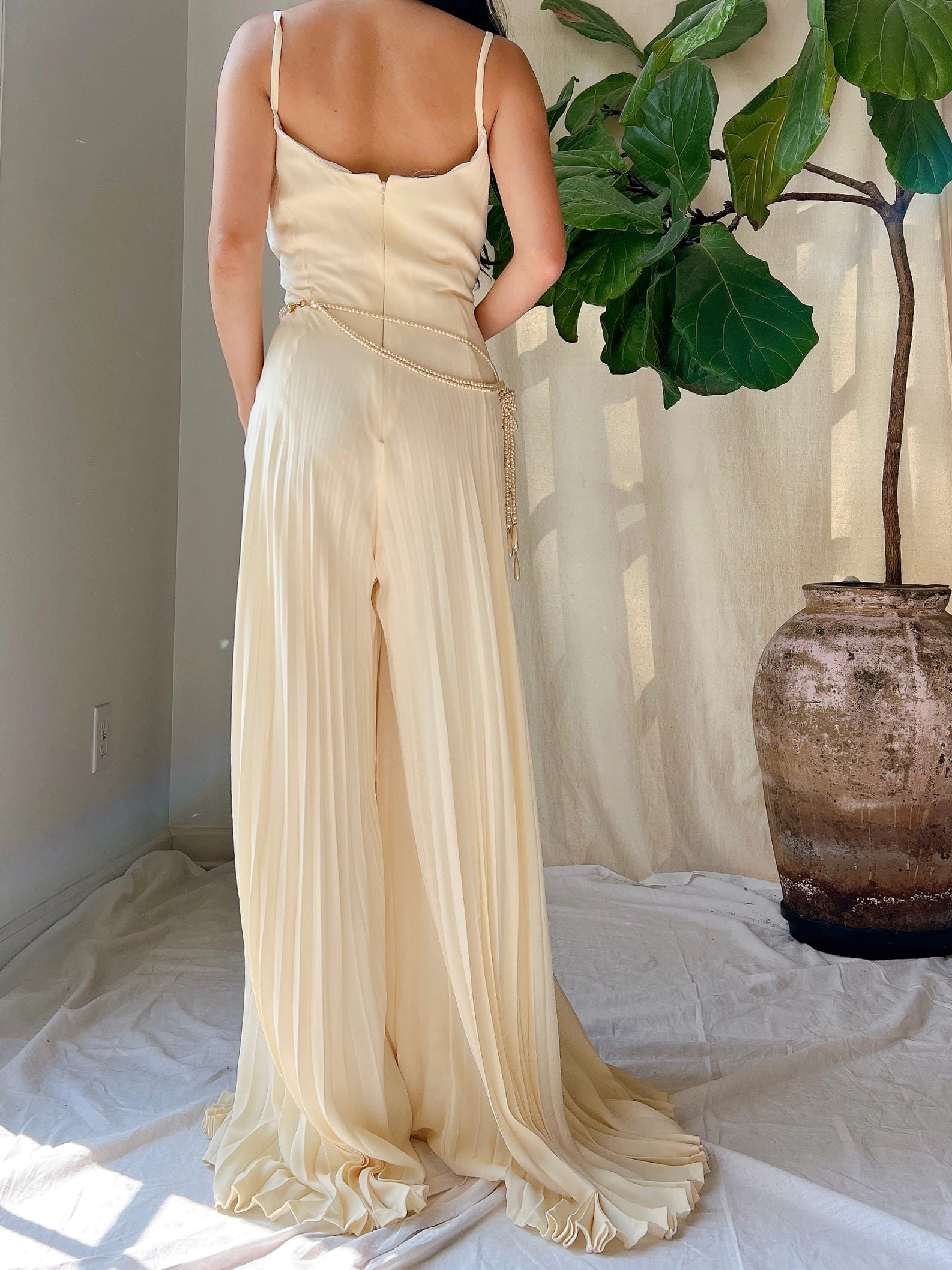 Vintage Silk Pleated Palazzo Romper - L