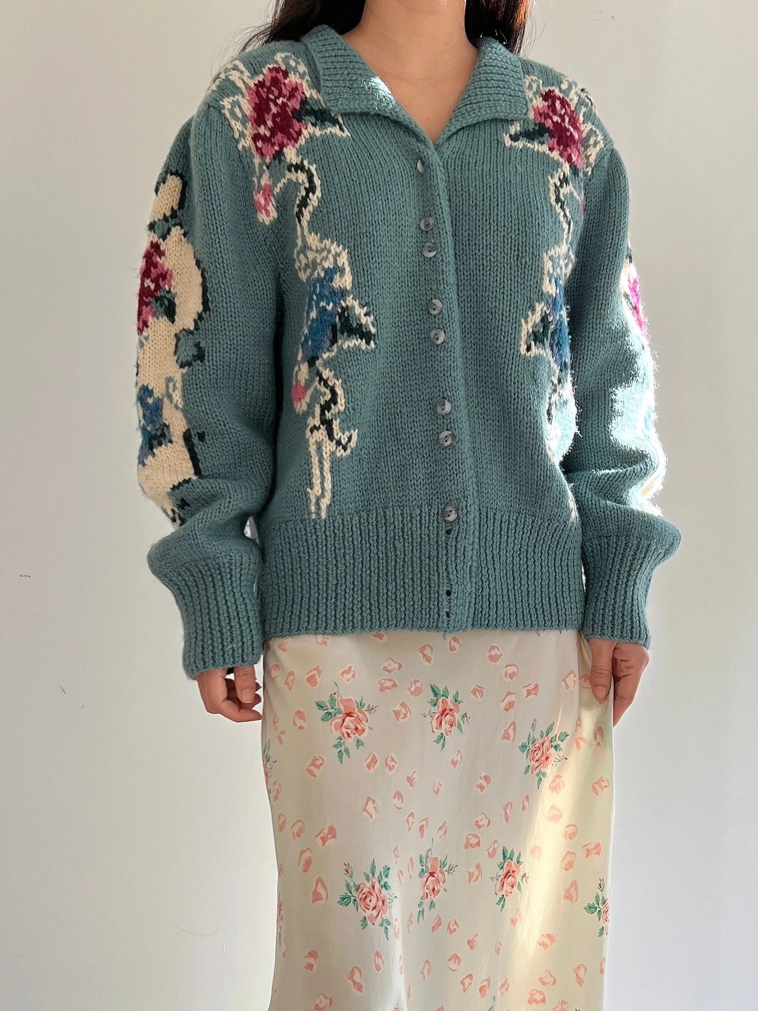 Vintage Teal Acrylic Cardigan - M