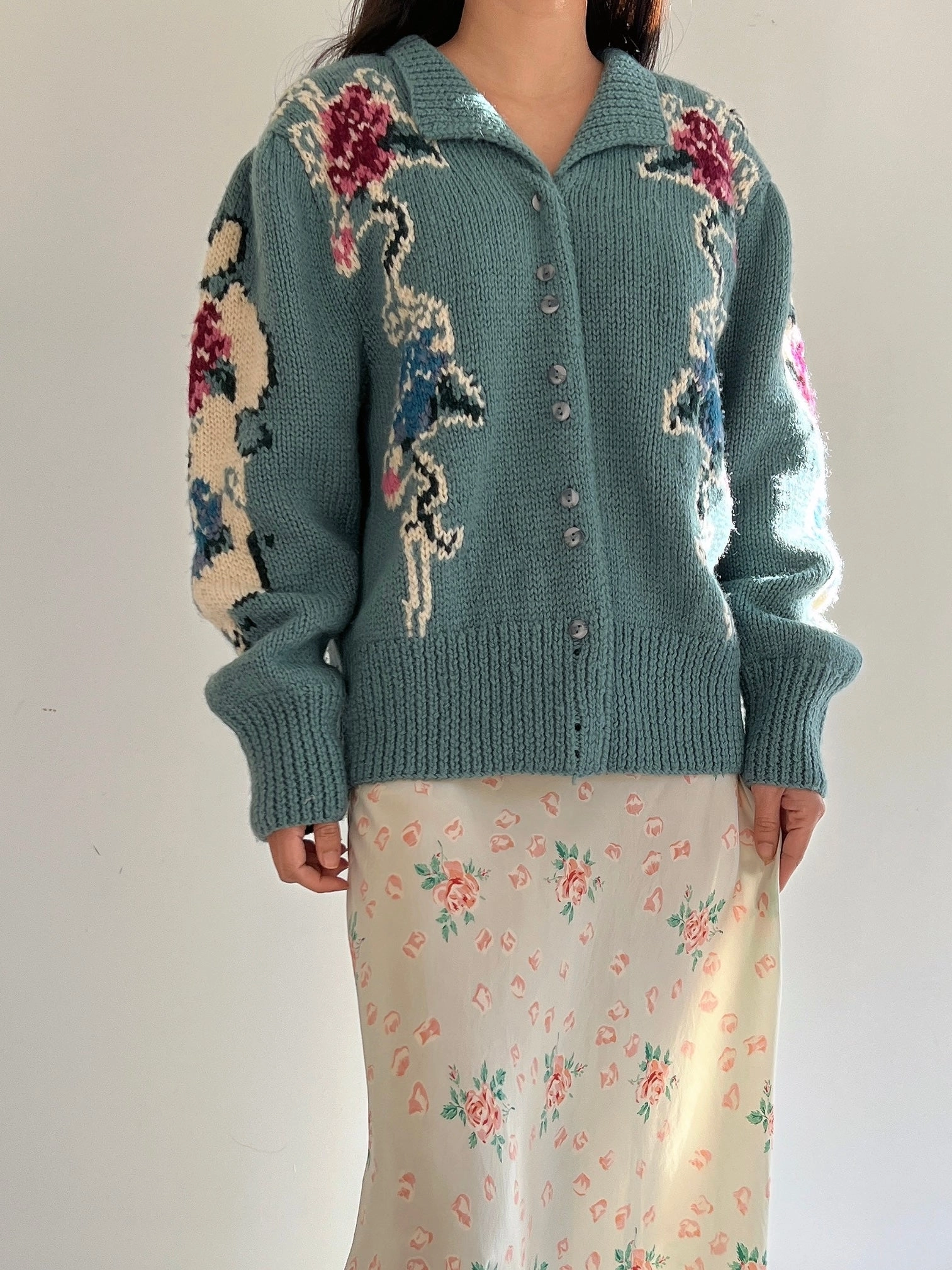 Vintage Teal Acrylic Cardigan - M