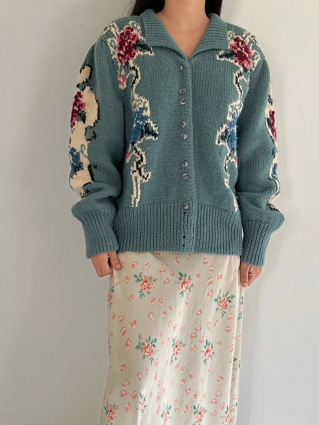 Vintage Teal Acrylic Cardigan - M