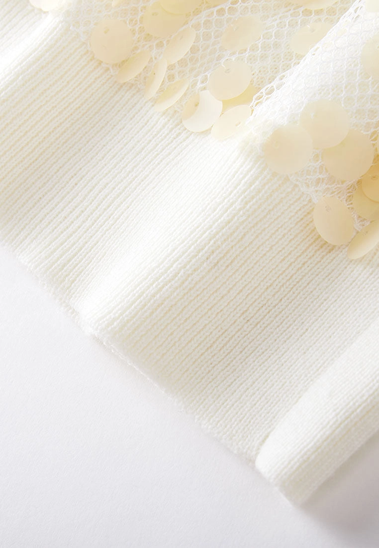 White Sequin Short-sleeved Knit Top
