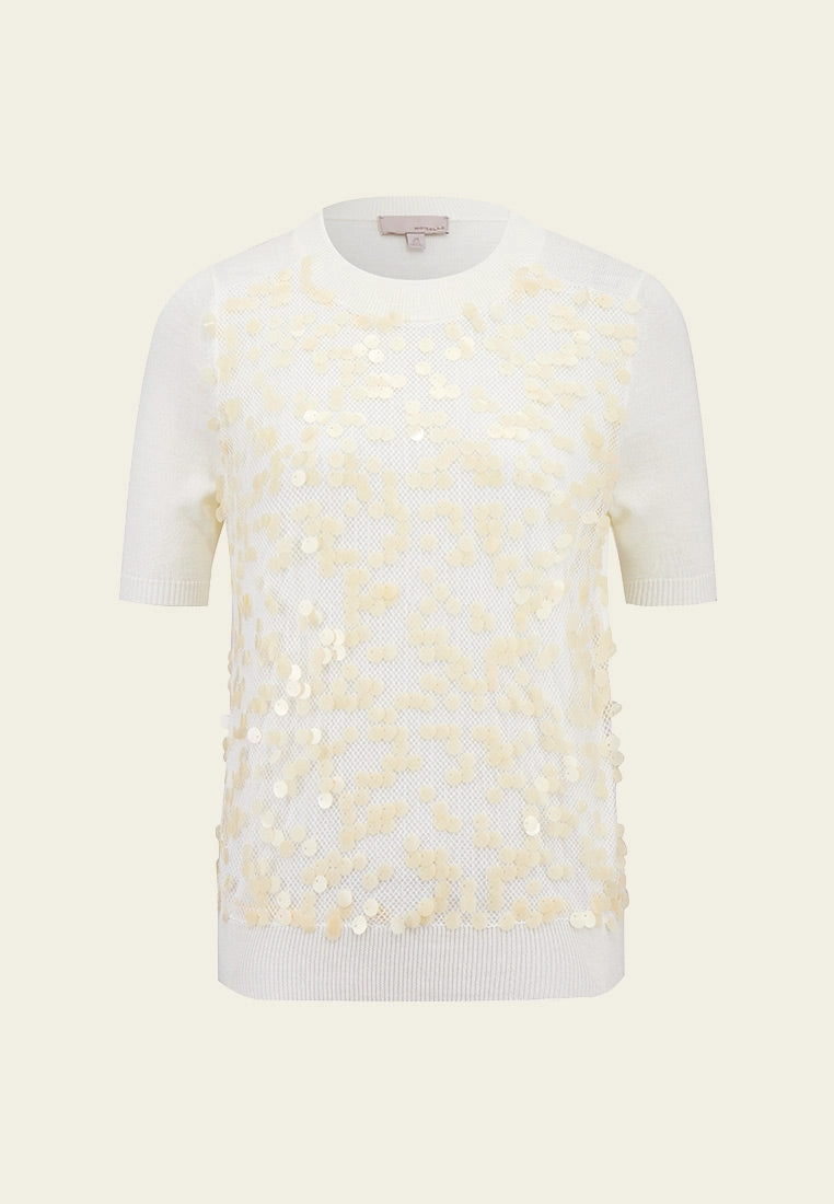 White Sequin Short-sleeved Knit Top