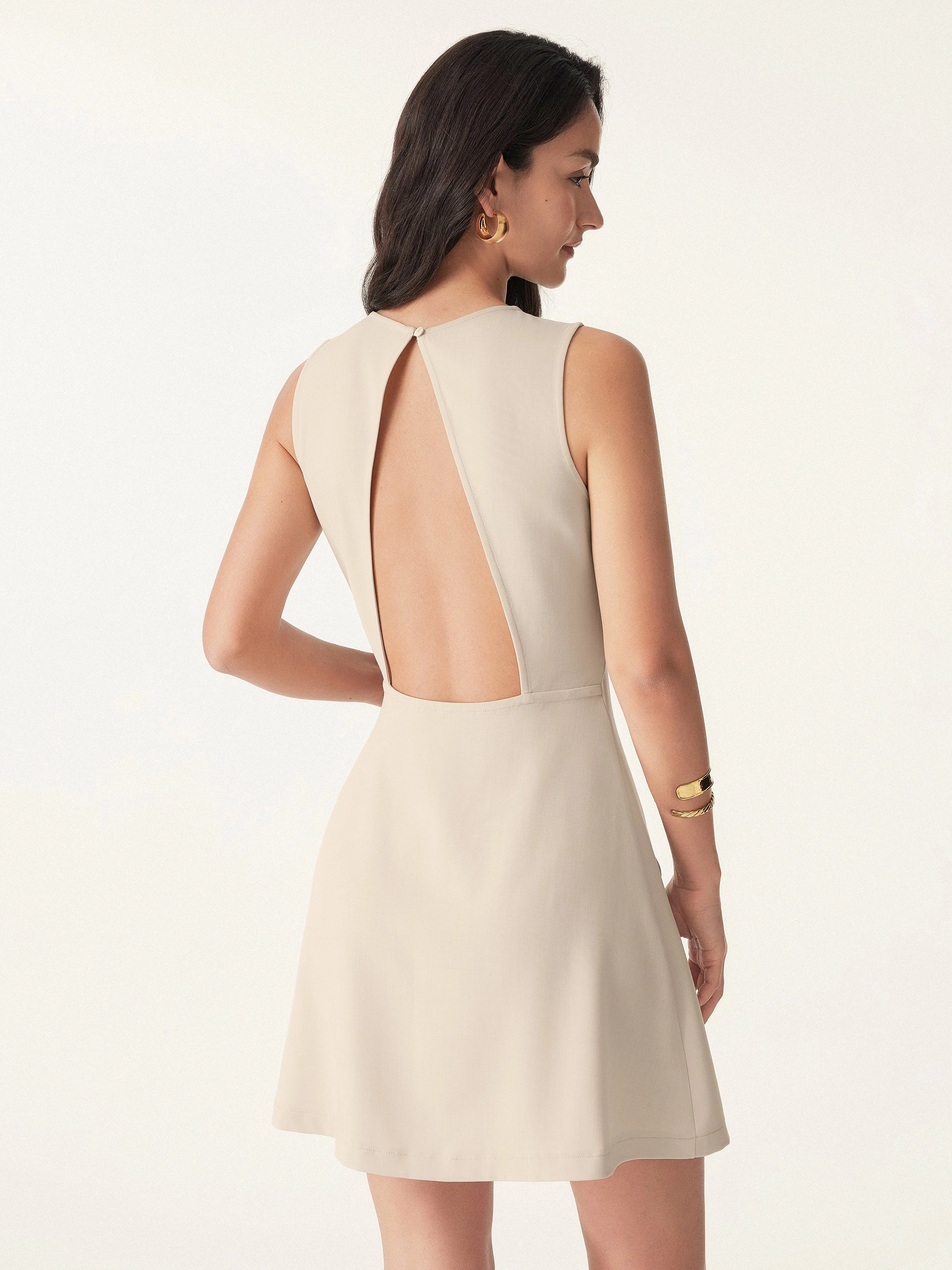 Wrinkle-Free Open-back Mini Dress with Pockets