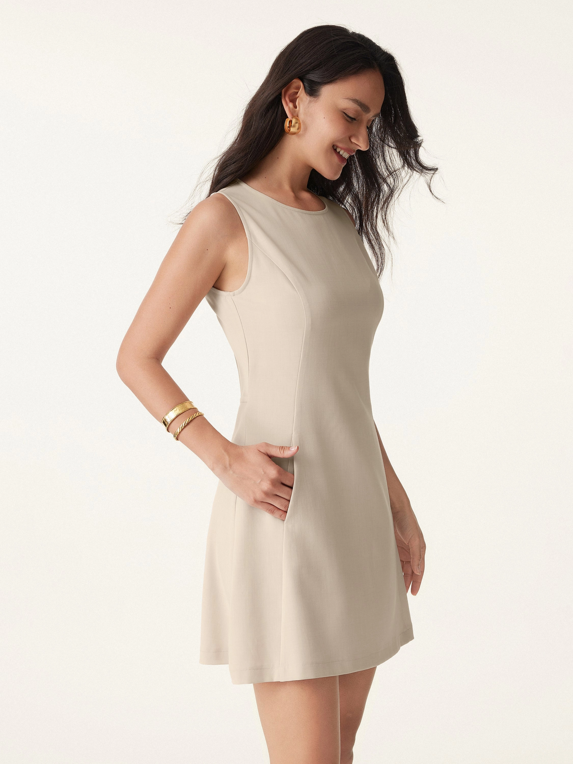 Wrinkle-Free Open-back Mini Dress with Pockets